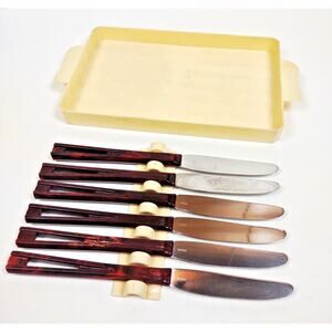 6 Vintage Matching Stanhome Stainless Steak Knife Set Serrated Edge Plastic Tray